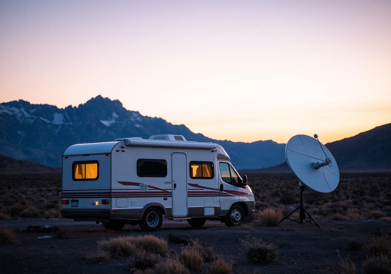 Motorhome em paisagem remota com antena Starlink